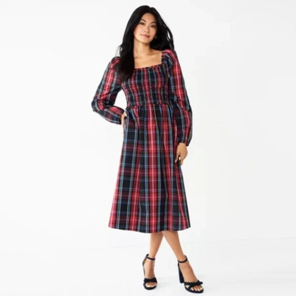 Draper James Plaid Midi Dress - Red and Blue